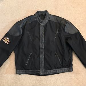 Mens Leather Nylon Motorcycle Riding Jacket Size 54 2X Black Harley Patches